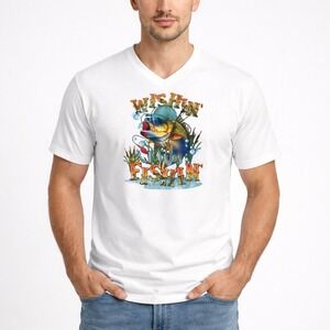 Wishin I Was Fishin Men's White V Neck T Shirt Graphic Print Size Large